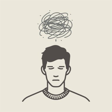 Stres zihin sakinliği baş ağrısı çekenler zihinsel düşünceler endişeli siluet çizgisi düz vektör minimum yüz üstü karalama