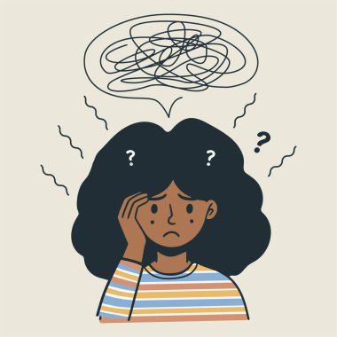 Genç mutsuz siyah Afro-Amerikan depresyonu. Uzun kıvırcık saçlar. Üzücü düşünceler.