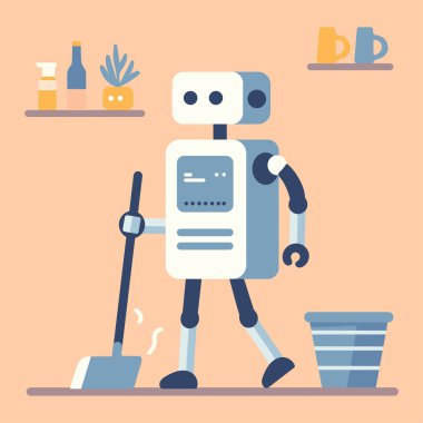 Ev robotu temizleme, ev temizliği, ev işi yapay zeka teknolojisi düz vektör, robot hizmetçi hizmetçi bakıcı cyborg akıllı modern ev gelecekteki işlemlerde çalışıyor.