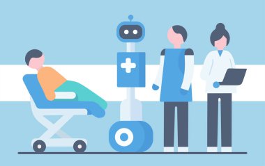 ai robot makinesi, doktor ve hemşirelere hastane odasındaki ileri teknoloji cerrahisinde yardımcı oluyor düz karakter, insan sağlığı afişi için yenilik
