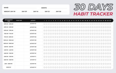 30 günlük aktivite alışkanlığı takipçisi, 1 aylık kilo kaybı günlük günlük günlük izleme şablonu planlayıcı masa mermileri ve zaman vektör tasarım uygunluğu yağ kazanım hedef listesi yazdırılabilir sayfa yatay