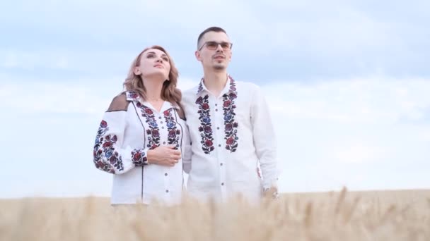 Eine Ukrainische Familie Bestickten Kleidern Singt Inmitten Eines Weizenfeldes Ein — Stockvideo