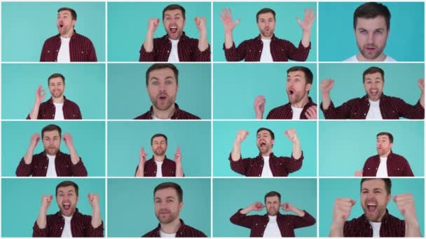 Collage Video Giovane Uomo Positivo Gioioso Sfondo Blu Emozioni Positive — Video Stock