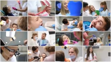 Modern dişçilikle ilgili animasyonlu video ekranı. Klinikte diş muayenesi sırasında farklı yaş ve cinsiyetlere sahip hastalar.