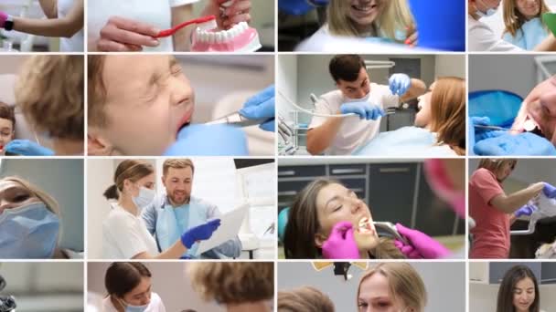 Collage Videos Diferentes Personas Durante Examen Dental Personas Que Trabajan — Vídeos de Stock