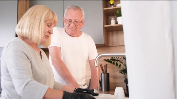 Großvater Und Großmutter Spülen Der Küche Geschirr Glückliche Rentner Putzen — Stockvideo