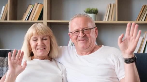 Abuelo Sonriente Abuela Están Saludando Cámara Felices Pensionistas Sentados Sofá — Vídeos de Stock