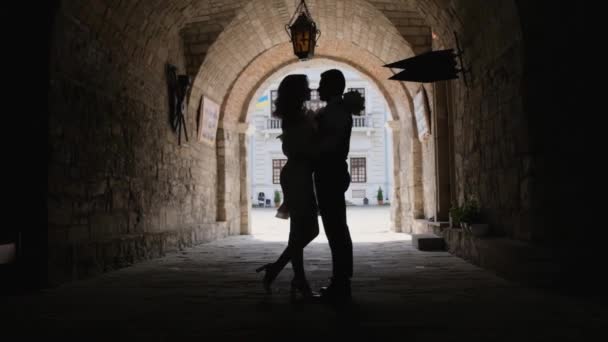 Sylwetka Zakochanej Pary Całującej Się Pod Tunelem Szczęśliwa Para Zakochanym — Wideo stockowe