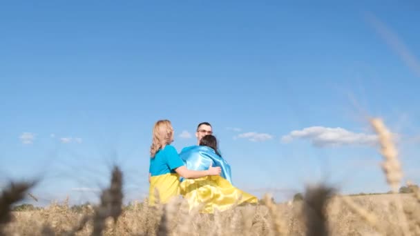 Happy Ukrainian Family Hugs Child Wheat Field Meeting Parents Child — Stock Video