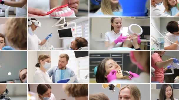 Video Collage Con Animación Dentista Paciente Consultorio Dental Odontología Moderna — Vídeo de stock