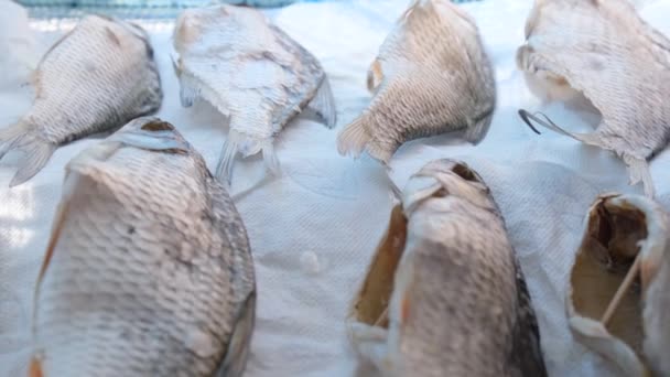 Сушена Рибна Тушка Столі Рибному Ринку Споживання Річкової Риби Сушена — стокове відео