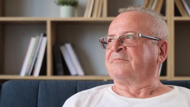 Una Expresión Sorprendente Cara Pensionista Canoso Abuelo Mira Cámara Retrato — Vídeo de stock