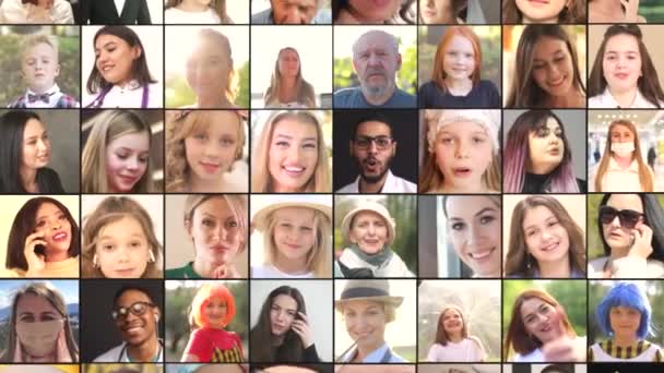 Video Collage Personas Gran Número Caras Diferentes Mujeres Hombres — Vídeos de Stock