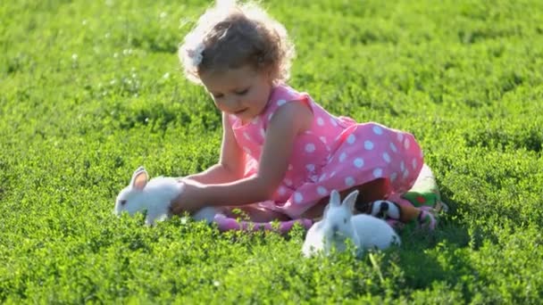 Ένα Όμορφο Σγουρό Κοριτσάκι Παίζει Ένα Λευκό Λαγό Στον Κήπο — Αρχείο Βίντεο