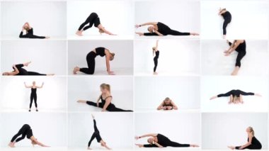 Beyaz arka planda esneme hareketleri yapan bir kadın resmi var. Sağlıklı ve güzel bir vücut. Yoga. Pilates