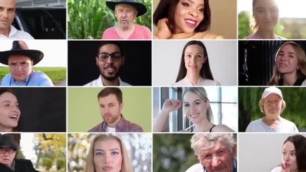 Концептуальный Видеоколлаж Лица Людей Разными Эмоциями Группа Лиц Людей Разных — стоковое видео