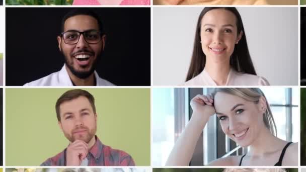 查看电脑屏幕上的拼贴 不同国籍和性别的人的一组面孔 面对不同的情绪 — 图库视频影像