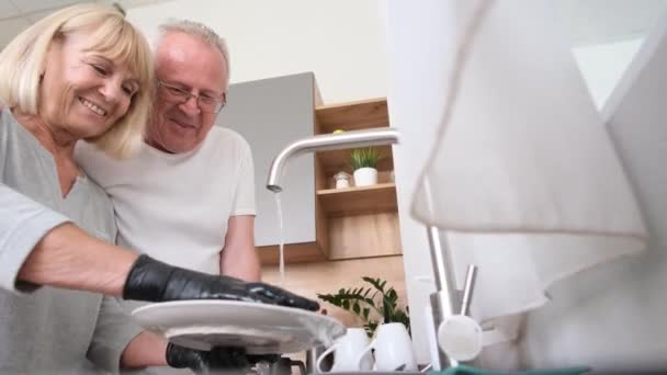 Büyükannen Büyükbaban Mutfakta Birlikte Eğleniyorlar Bulaşıkları Yıkıyorlar Mutlu Emekliler Birlikte — Stok video