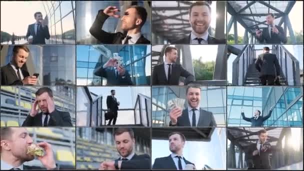 Large Number Videos Screen Editing Young Bearded Businessman Street Sunny — Stock Video