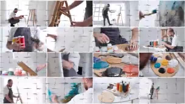 Taller Creativo Artistas Video Collage Mientras Pinta Cuadro Estudio Blanco — Vídeos de Stock