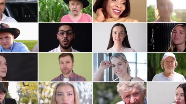 アニメーション付きのビデオウォール 多くの国籍の高齢者や若者の顔を持つ画面 アメリカ人とヨーロッパ人 老いぼれ — ストック動画