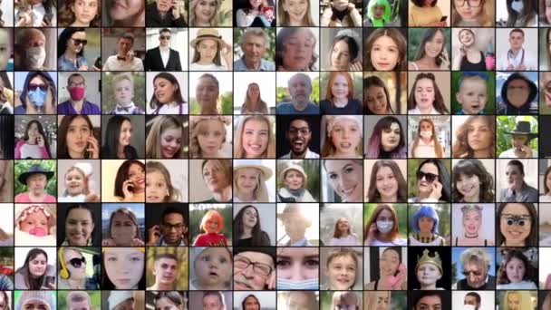 多くの幸せな 多様な民族グループ 多様な若者や高齢者 カメラを見る多くの笑顔多文化の顔 — ストック動画
