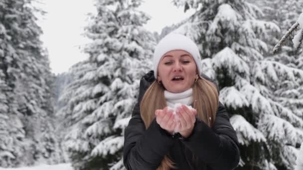 Chica Soplando Nieve Sus Manos Destellos Copos Nieve Cámara Lenta — Vídeo de stock
