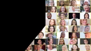 Kameraya poz veren ve gülümseyen mutlu erkek ve kadınların çoklu ekran montajı. Mutlu yüz ifadesi. 4k video