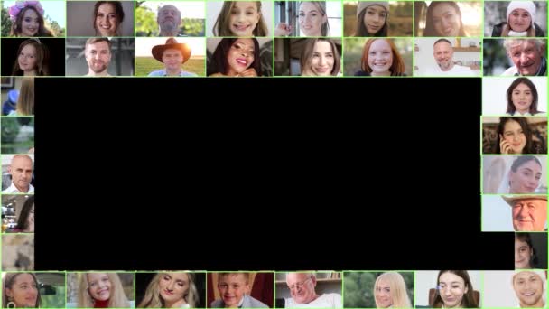 Video Collage Personas Multirraciales Mirando Cámara Montaje Multipantalla Hombres Mujeres — Vídeos de Stock