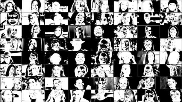 Black White Multi Screen Collage Happy People Posing Smiling Camera — Stock Video