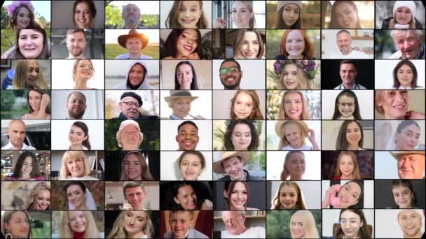 Imagen Compuesta Grupo Diverso Personas Sonrientes People Faces Collage Set — Vídeos de Stock