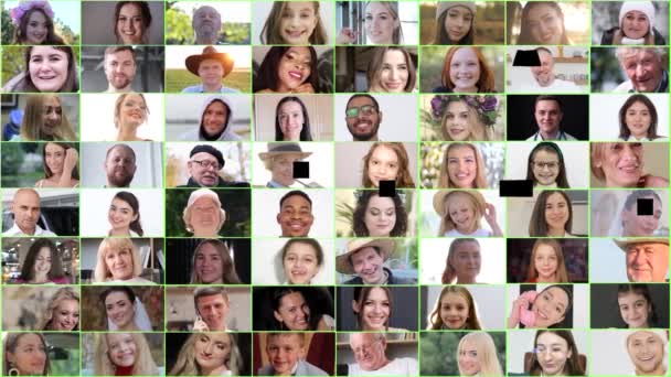 Usmívající Multiracionální Lidé Hledící Kameru Mozaikové Koláži Skupina Lidí Koláži — Stock video