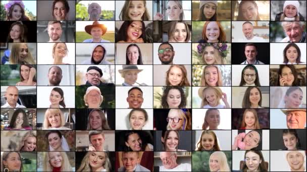 Banyak Orang Multirasial Bahagia Melihat Kamera Dalam Kolase Mosaik Persegi — Stok Video