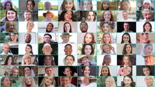 Багато Усміхнених Мультикультурних Облич Дивляться Камеру Концепція Бази Даних Спільноти — стокове відео