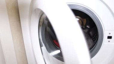 Gri kedi yavrusu çamaşır makinesinde saklanıyor. Bir kedi yavrusu çamaşır makinesinin içinden dünyayı keşfediyor.. 