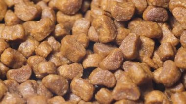 Kediler ve köpekler için kuru hayvan mamalarını kapatın. Lezzetli hayvan mamaları tezgahta döner. 4k video