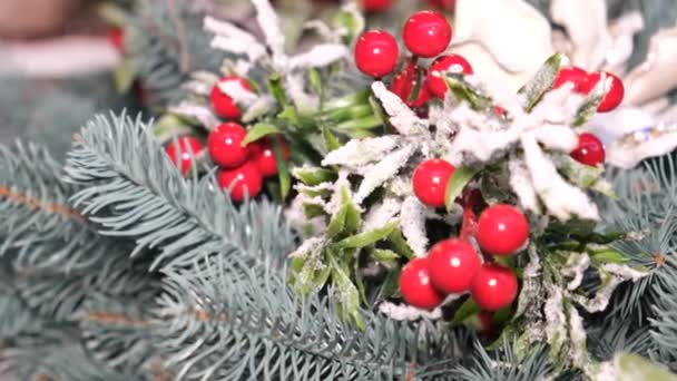Rote Beeren Auf Dem Weihnachtsbaum Das Konzept Der Feiertage Neujahr — Stockvideo