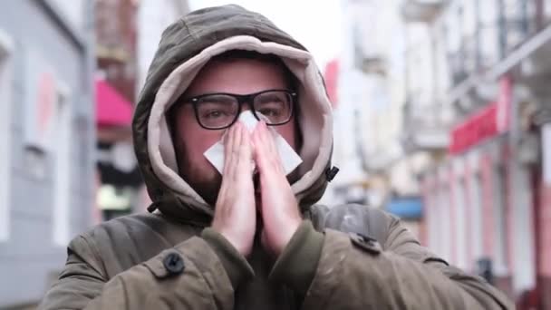 Sick Unhealthy Young Man Holds Handkerchief Paper Napkin Sneezes Wipes — Stock Video