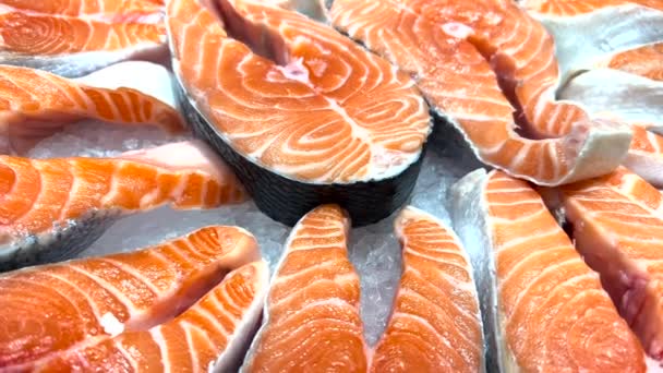 Chilled Red Fish Steaks Laid Out Store Counter Fish Fillet — Stock Video