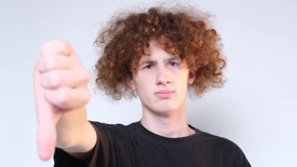 Portrait Curly Man Sign Dislike Young Guy Expressing Displeasure Showing — Stock Video