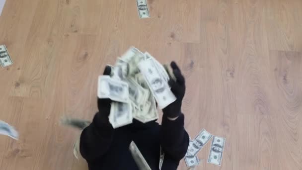 Robber Robs Dollars Bank Man Black Mask Opens Safe Happy — Vídeo de Stock