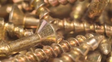 Macro shot of carpentry screws with a cross-shaped head. Building materials close-up. Self-tapping metal screws