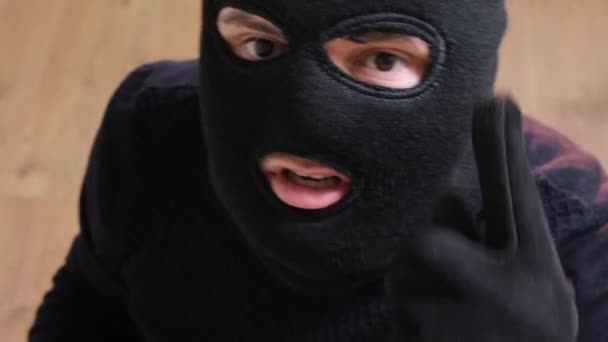 Unidentified Person Threatens Surveillance Camera Man Balaclava Aggressive Robber — Stockvideo