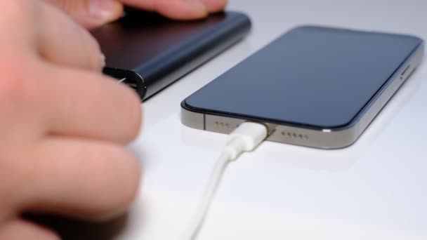 Close Charging Smartphone Power Bank Phone Charging Port Turn Charging — Vídeo de Stock