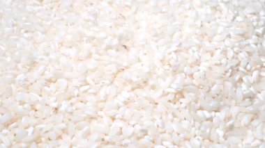 A large number of grains of white rice. Groats. Vegetarian food. White color. Pour groats