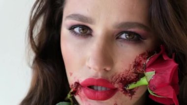 Portrait of zombie woman with rose flower and Santa Muerte costume. Cool makeup on the face.