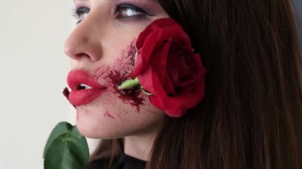 Carnival Brazil Zombie Woman Makeup Flower Her Mouth Close — Wideo stockowe