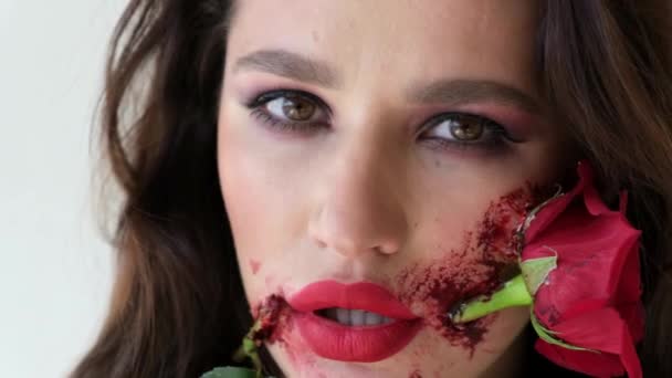 Portrait Zombie Woman Rose Flower Santa Muerte Costume Cool Makeup — 비디오