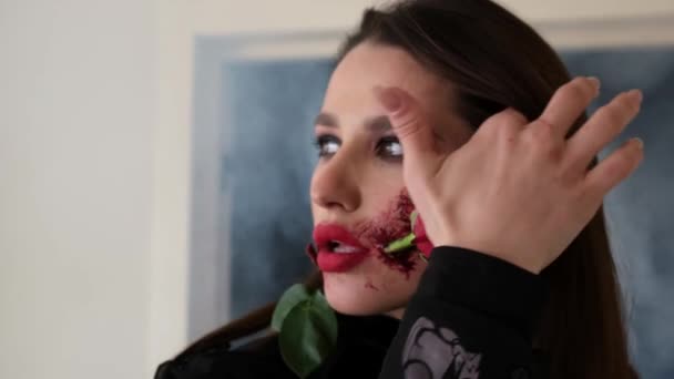 Girl Beautiful Artistic Make Rose Her Mouth Unusual Make Face — Wideo stockowe