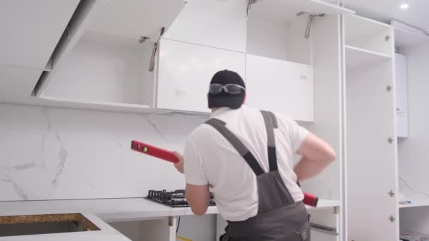 Builder Overalls Pretending Play Guitar While Renovating House Happy Man — Vídeos de Stock